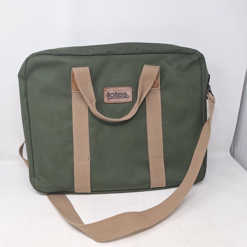Totes Green Tan Canvas Laptop Swing Bag Travel Work Business Crossbody Strap